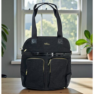 KIPLING Black Nylon Patent Trim & Gold Hardware Laptop Travel Shoulder Bag Tote